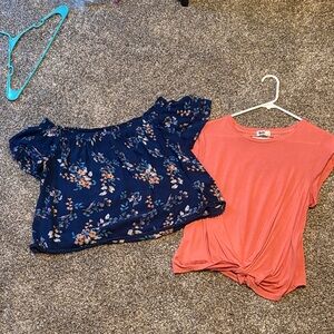 Navy Floral Off-Shoulder Top & Coral Twist Front Tee Duo